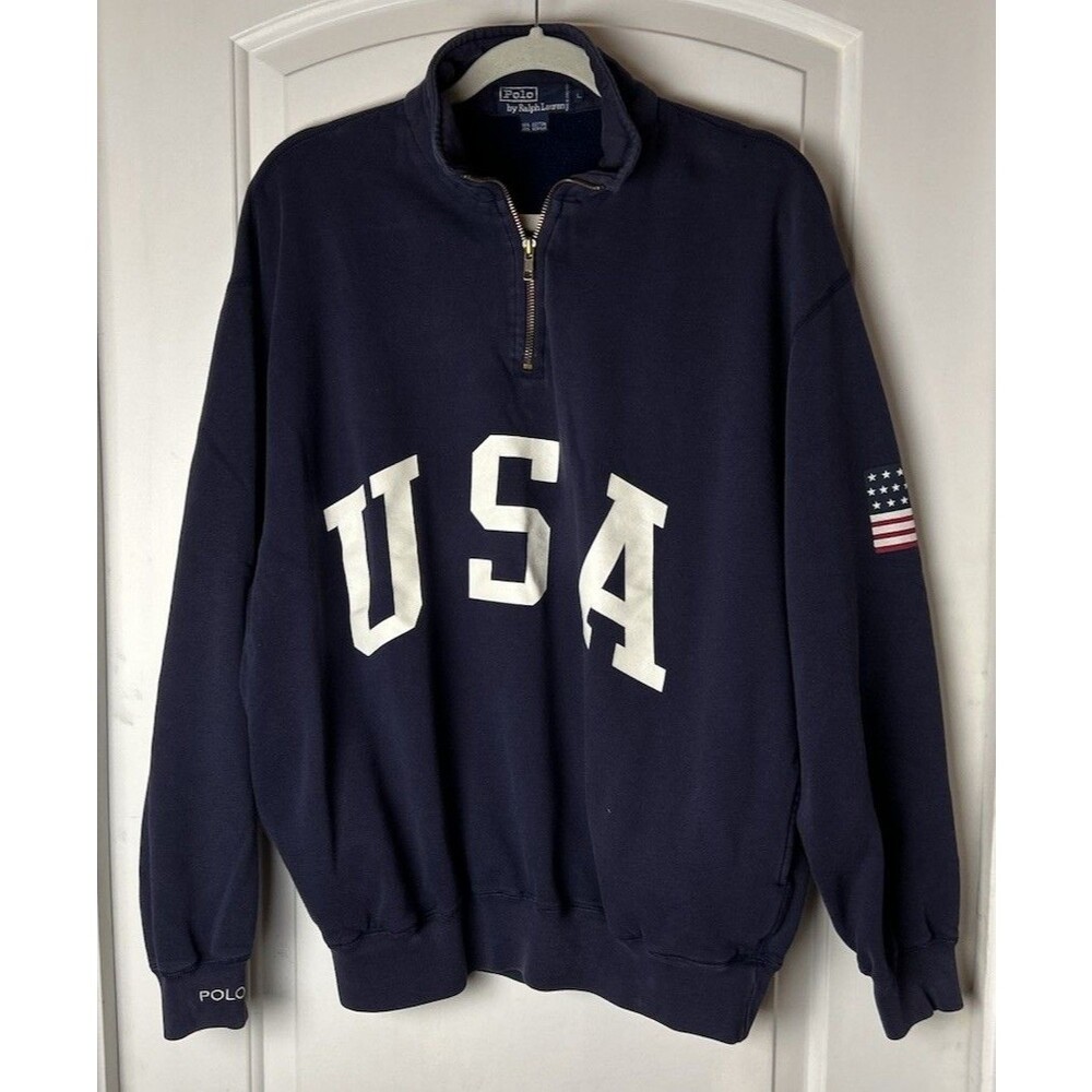 Vintage Ralph Lauren Polo USA Pullover 1/4 Zip Navy Sweatshirt Flag Pockets Lrg